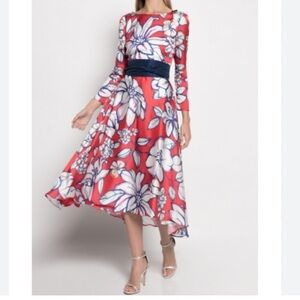 MATILDE CANO Red White Blue Satin Fit & Flare MIDI Floral Dress Spain Size 44 L